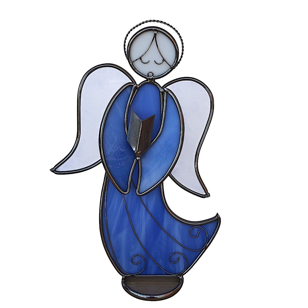Vintage Blue White Stained Glass Singing Angel Christmas Nursery Collectible